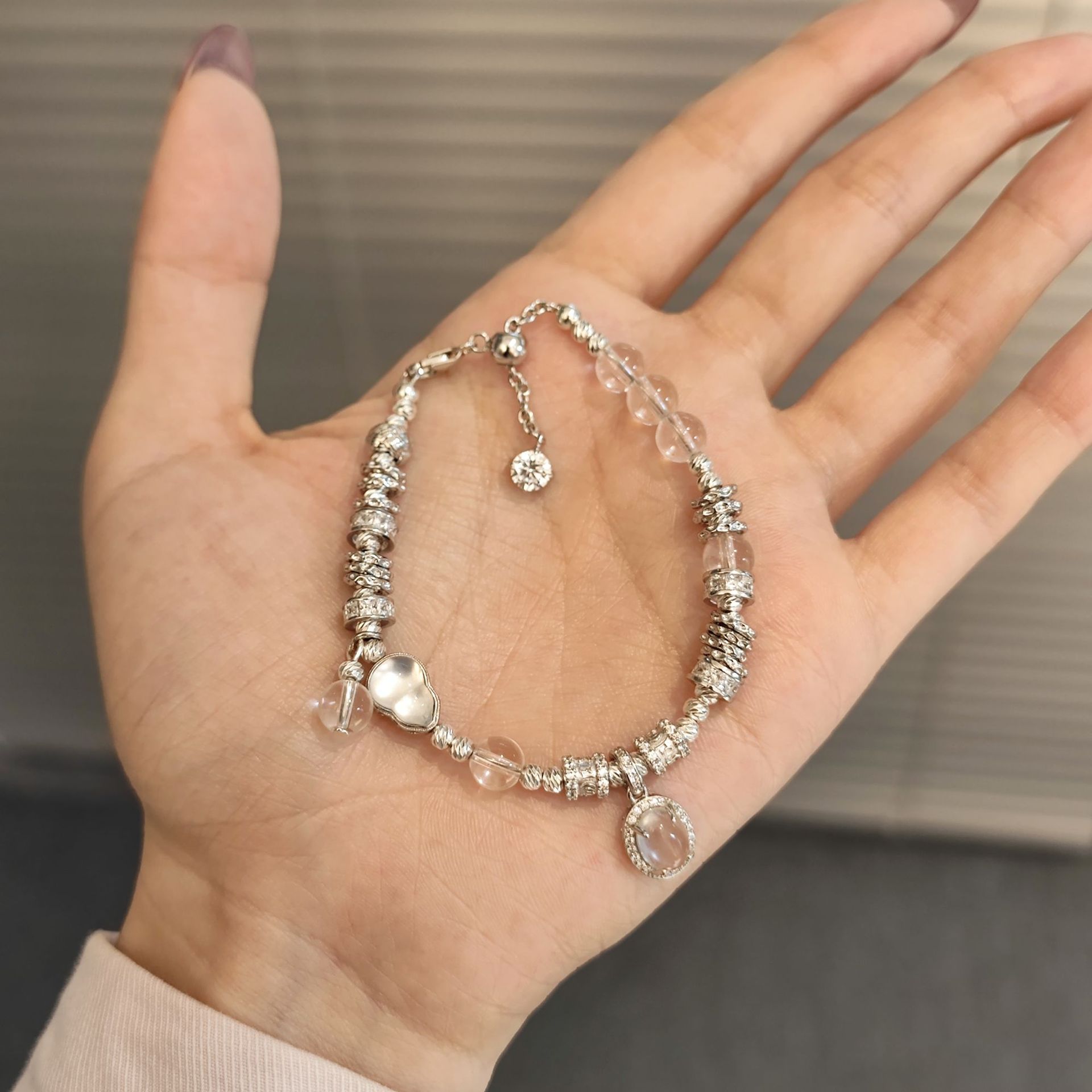 Natural Silver 925 Sterling Silver Clear Quartz Shuimo Jade Gourd Bracelet thumbnail 4