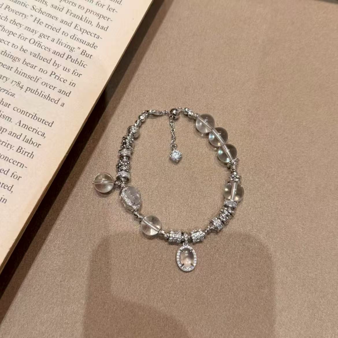 Natural Silver 925 Sterling Silver Clear Quartz Shuimo Jade Gourd Bracelet thumbnail 6