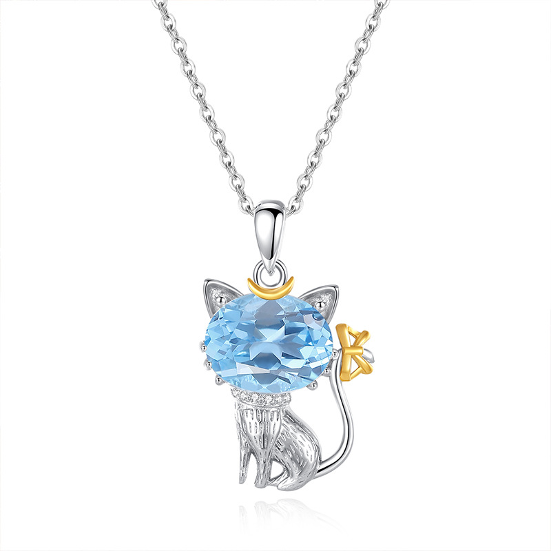 Natural Sterling Silver 925 Sterling Silver Crystal Cat Unique Pendant