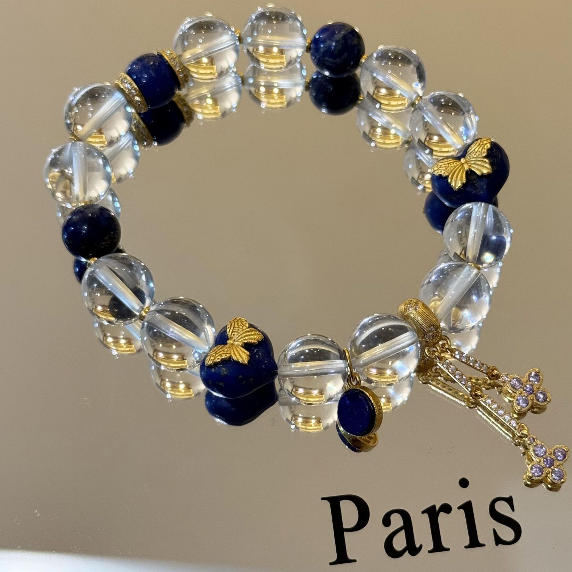 Natural Silver 925 Sterling Silver Clear Quartz Lapis Lazuli Gold Plated Fashion Beaded Bracelet