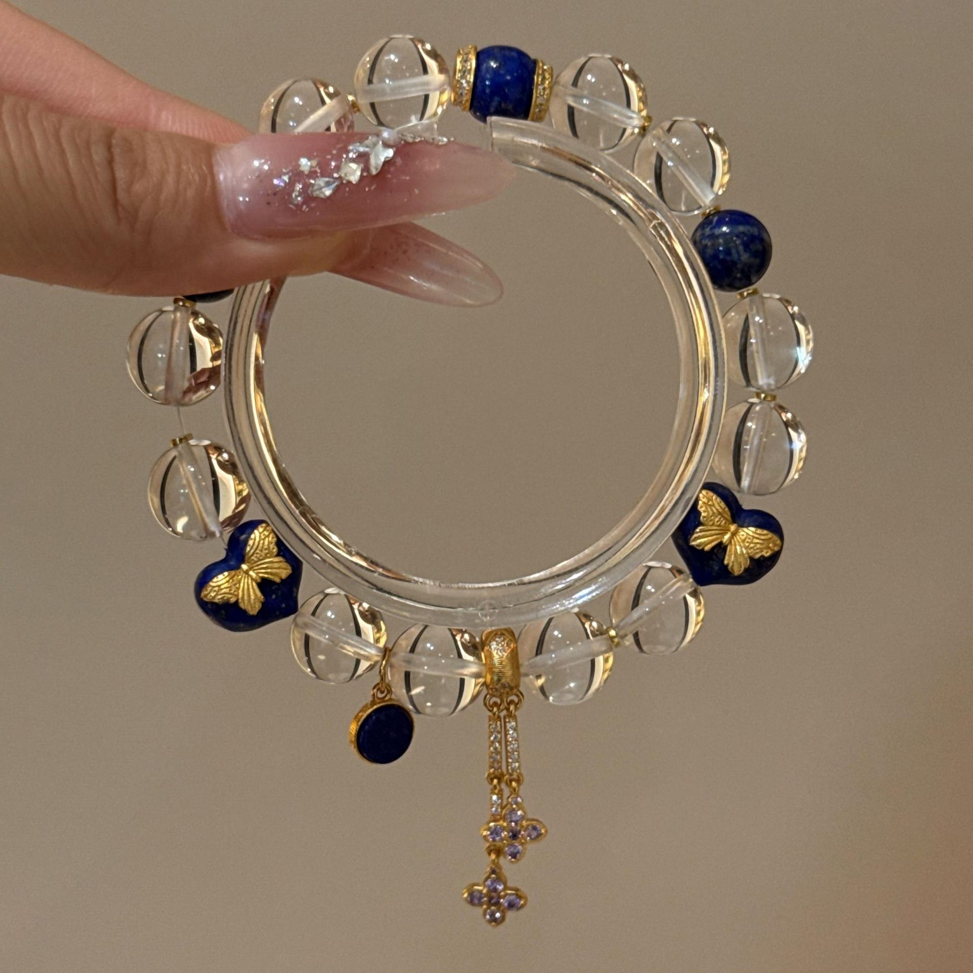Natural Silver 925 Sterling Silver Clear Quartz Lapis Lazuli Gold Plated Fashion Beaded Bracelet thumbnail 2