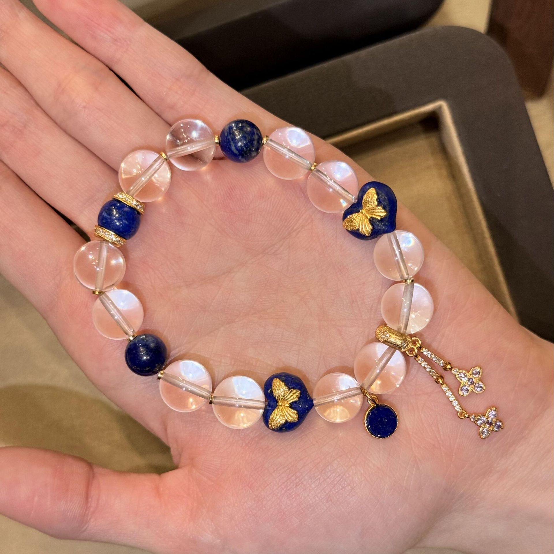 Natural Silver 925 Sterling Silver Clear Quartz Lapis Lazuli Gold Plated Fashion Beaded Bracelet thumbnail 3