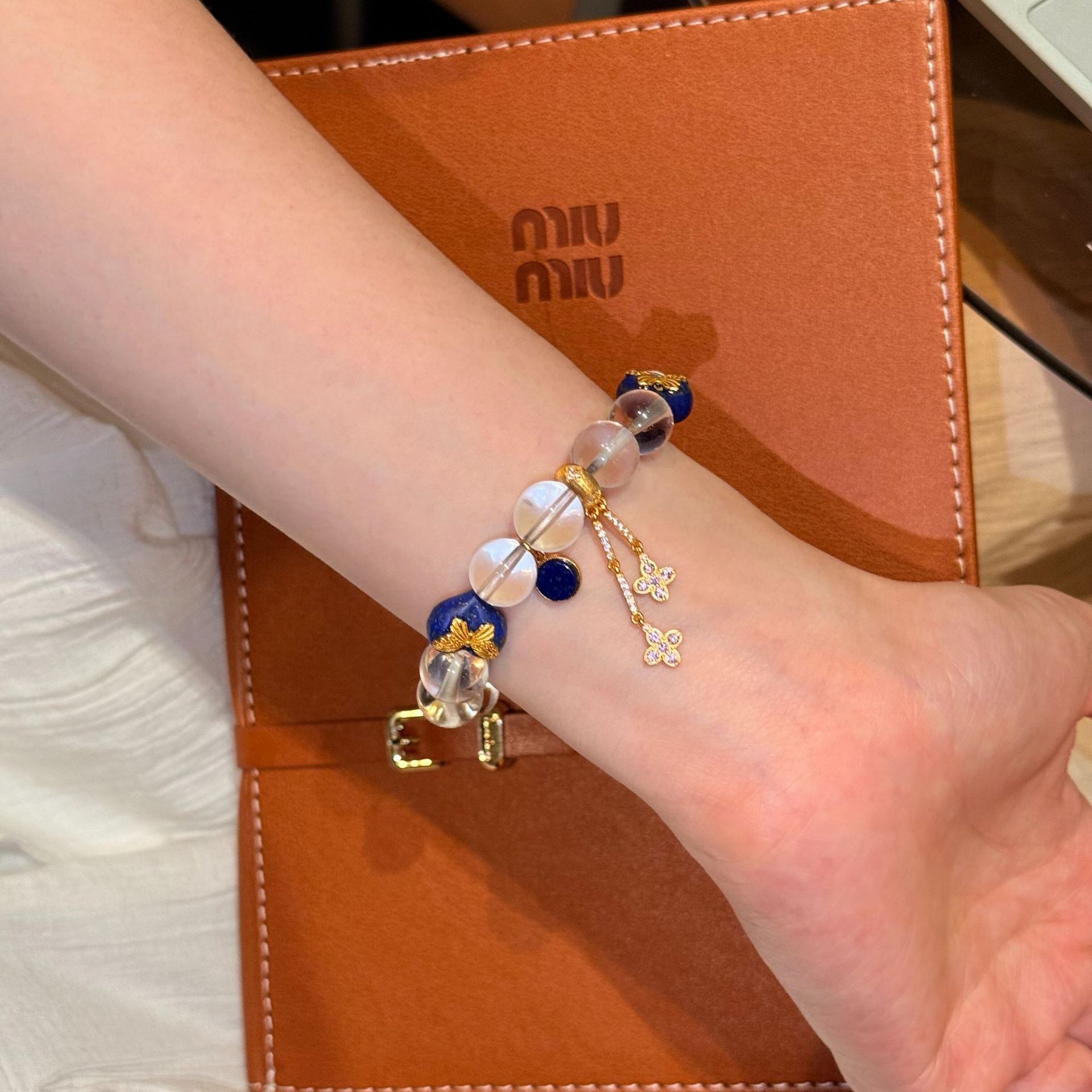 Natural Silver 925 Sterling Silver Clear Quartz Lapis Lazuli Gold Plated Fashion Beaded Bracelet thumbnail 4