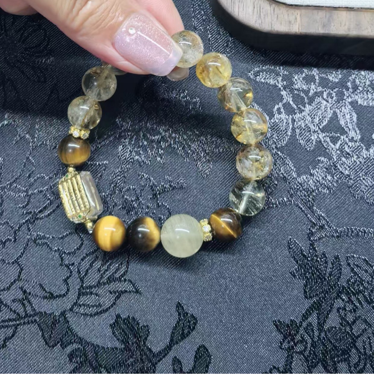 Natural Gold Rutilated Quartz Tiger Eye Crystal Beaded Bracelet