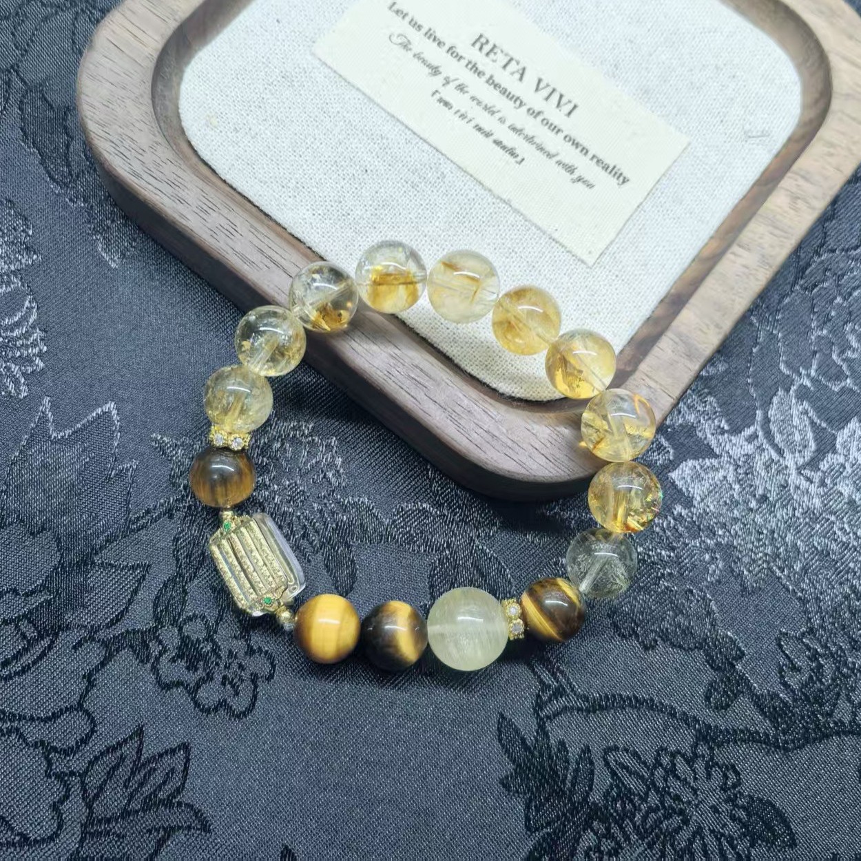 Natural Gold Rutilated Quartz Tiger Eye Crystal Beaded Bracelet thumbnail 2