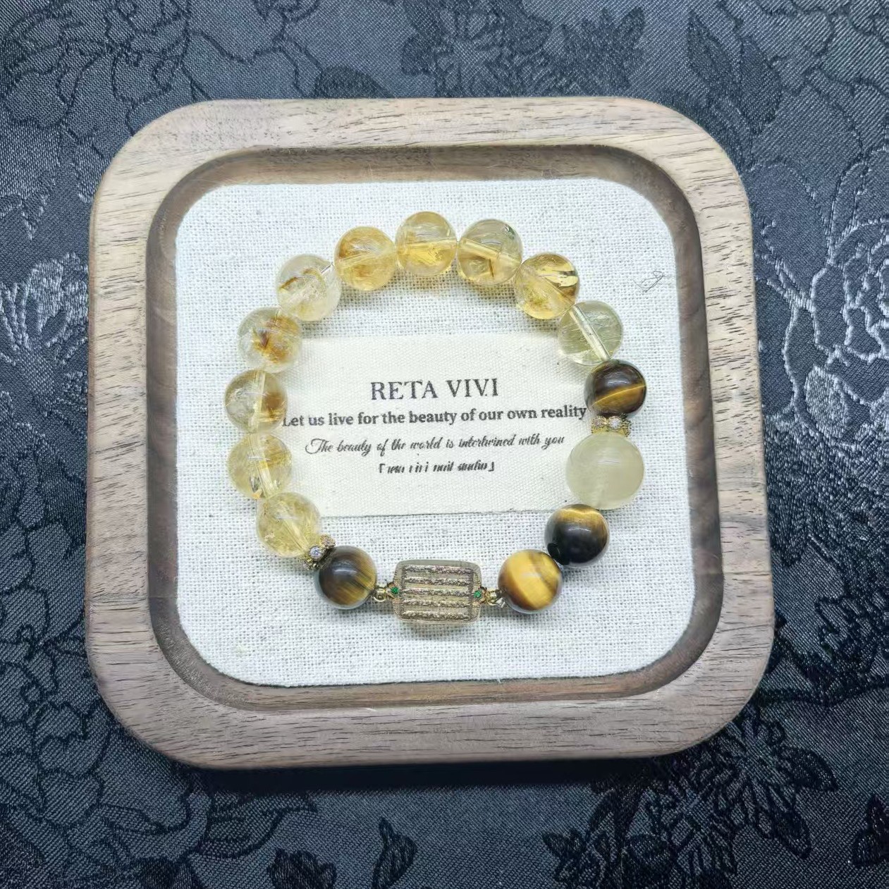 Natural Gold Rutilated Quartz Tiger Eye Crystal Beaded Bracelet thumbnail 4