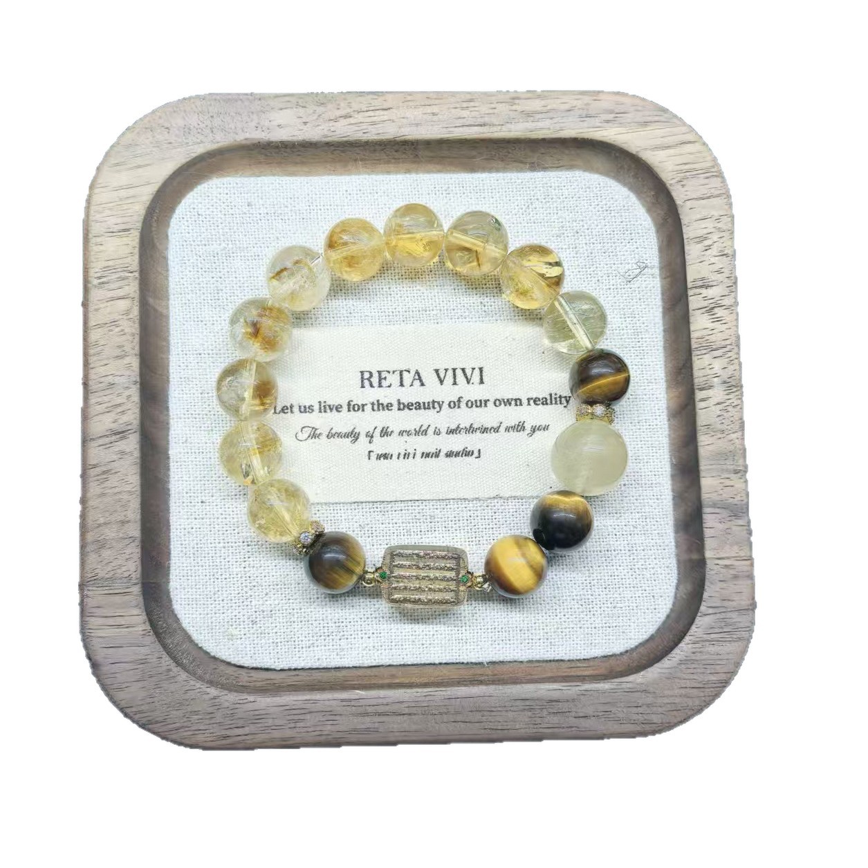 Natural Gold Rutilated Quartz Tiger Eye Crystal Beaded Bracelet thumbnail 5