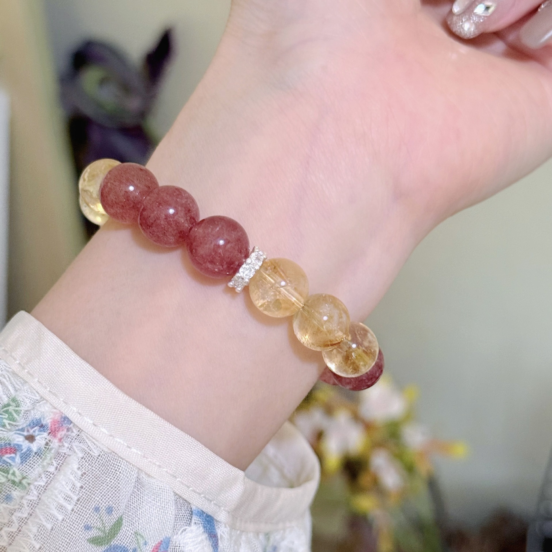 Natural Strawberry Quartz Crystal Unique Beaded Bracelet