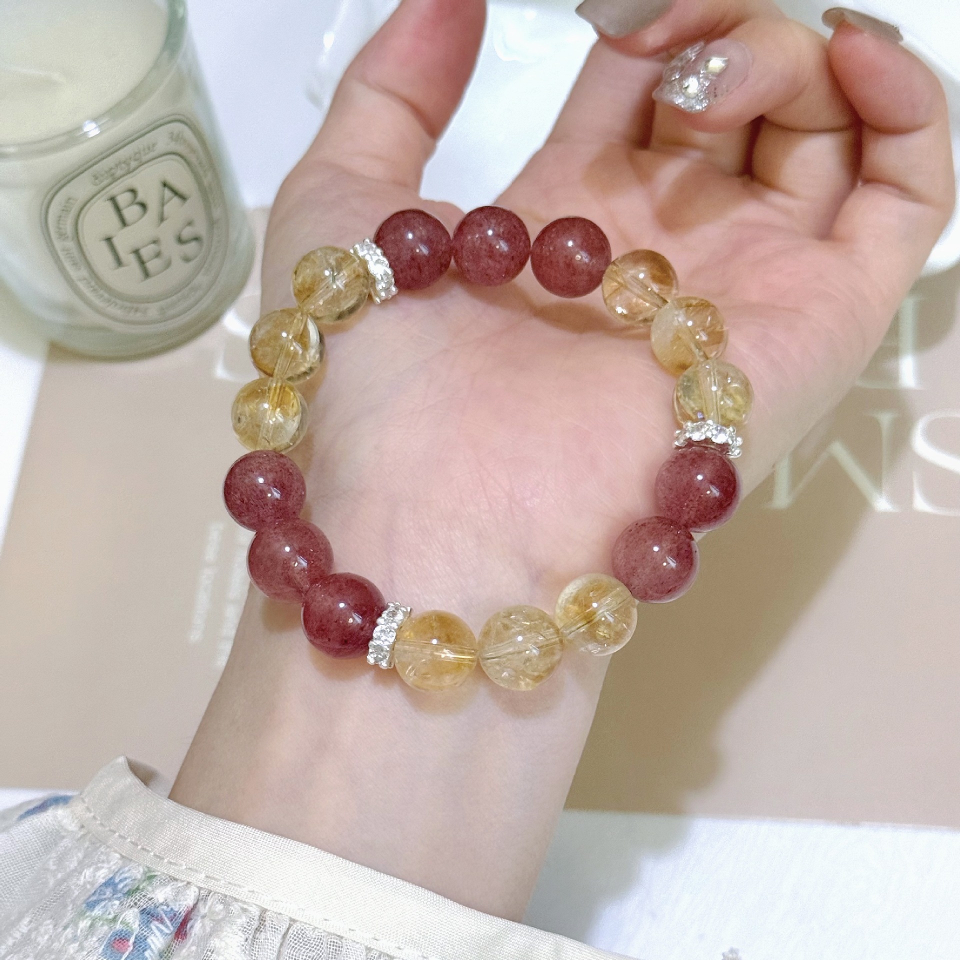 Natural Strawberry Quartz Crystal Unique Beaded Bracelet thumbnail 2