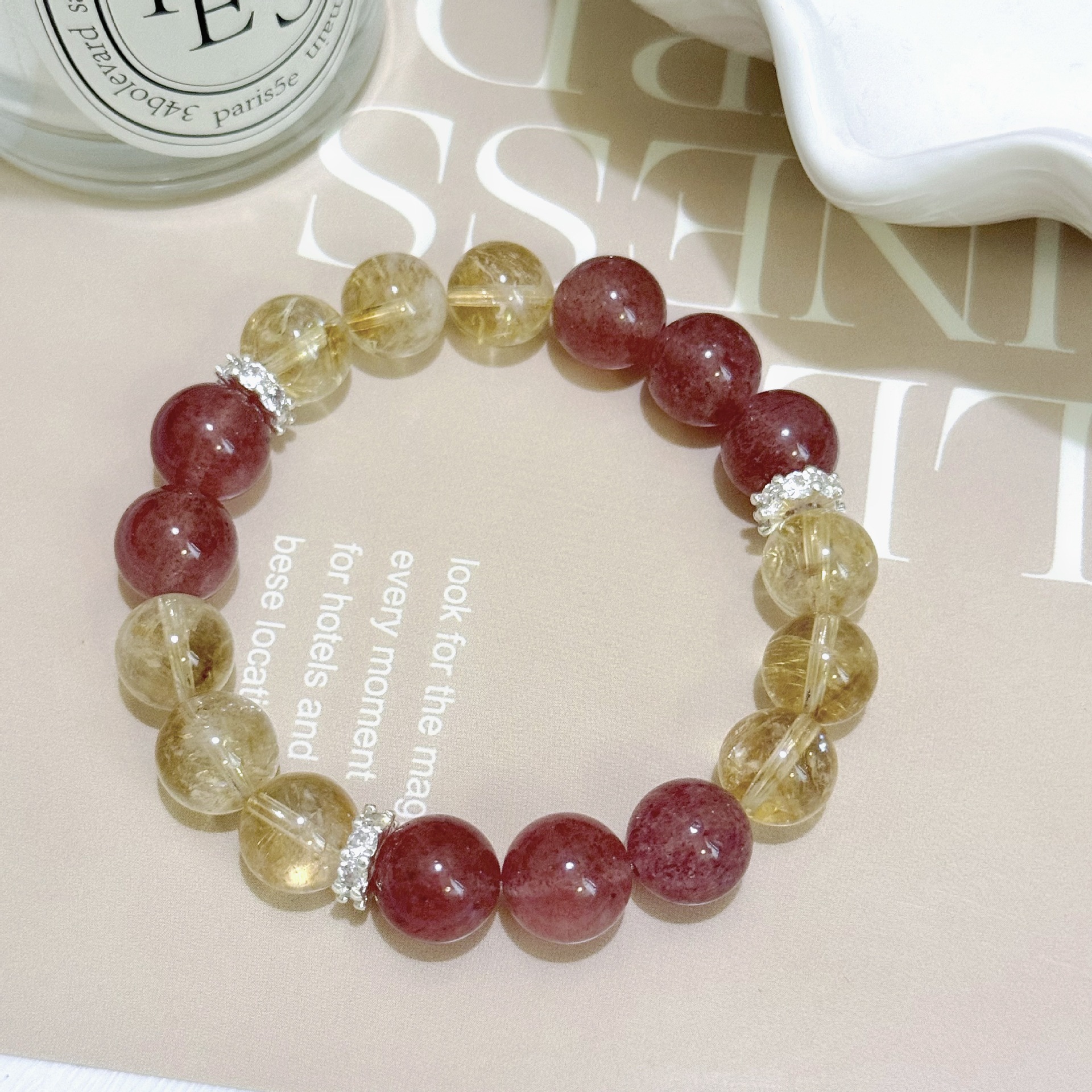 Natural Strawberry Quartz Crystal Unique Beaded Bracelet thumbnail 4