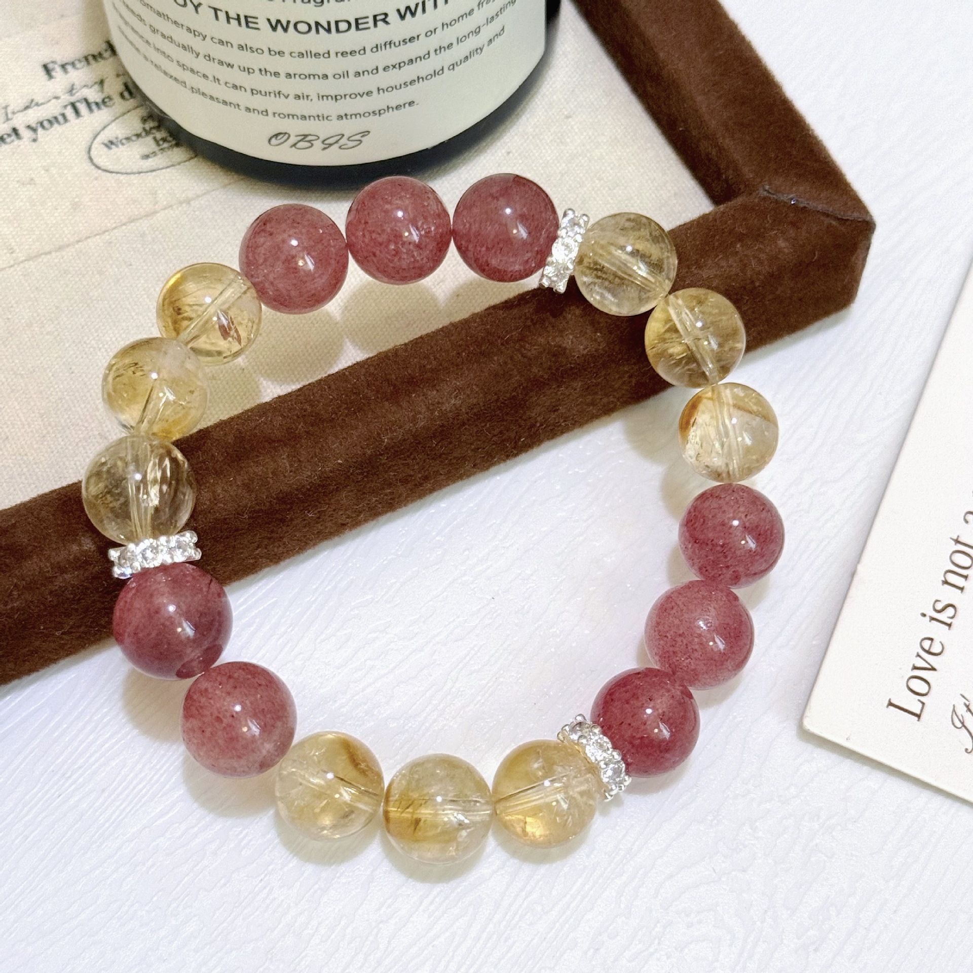 Natural Strawberry Quartz Crystal Unique Beaded Bracelet thumbnail 6