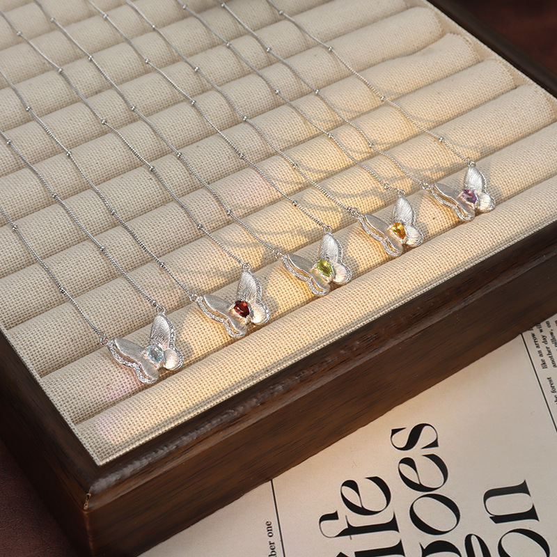 Natural Silver 925 Sterling Silver Crystal Butterfly Necklace thumbnail 2